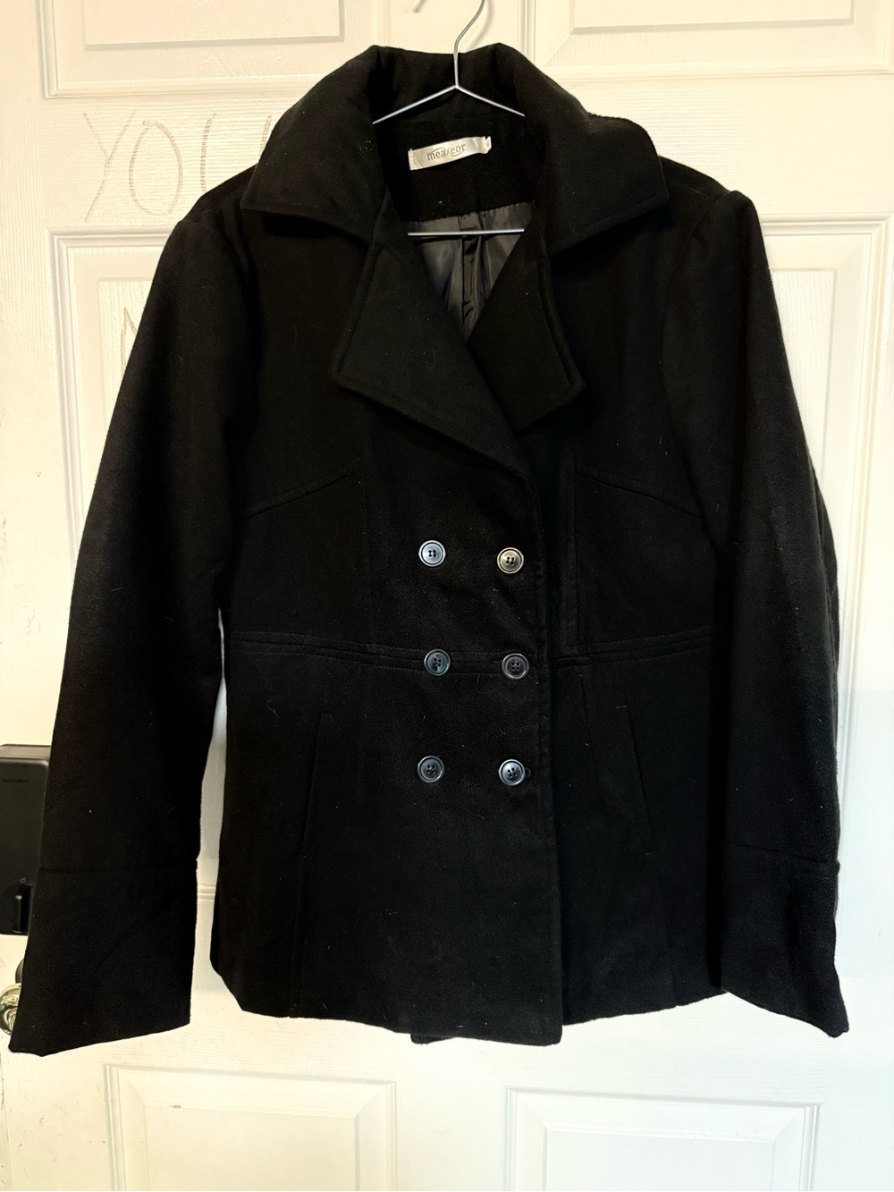 Women's Black Double-Breasted Wool Blend Peacoat